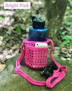 Bright Pink Crochet Water Bottle Holder with Pocket – Long Adjustable Strap Crossbody Bag – 100% Cotton Hiking Accessory - Holder with Pocket, Lightweight Design for Hikers, Trail Essentials, and Walkers - Fits Various Sized Tumbler and Bottles