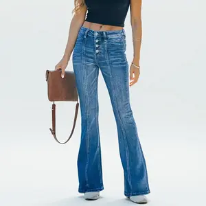 Women's Plain Button-Pocket Flare Leg Jeans - Womenswear Elegance Casual Bell Bottom Trousers, Daily Wear Summer Outfits 2026 Ladies Bottoms