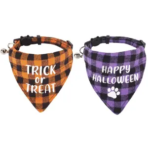 ADOGGYGO Halloween Cat Collars Breakaway with Bell 2 Pack Adjustable Cat Bandana Collar with Cute Halloween Pattern Orange Purple Plaid Cat Halloween Collars for Cats Kittens (Halloween)