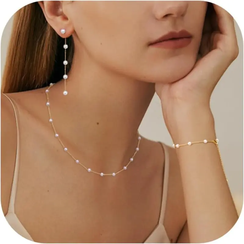FUNRUN Dainty Wedding Pearl Jewelry Set for Women 14K Gold Plated Adjustable Choker Necklace Bracelet Earrings Wedding Necklace Christmas Day Gift