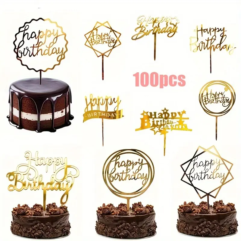 100pcs of Acrylic Cake Inserts, Party Cake Decorations, Golden Glitter Cake Toppers, Happy Birthday Letter Inserts, Birthday Party Cake Adornments, Creative Baking Supplies, Holiday And Birthday Gifts