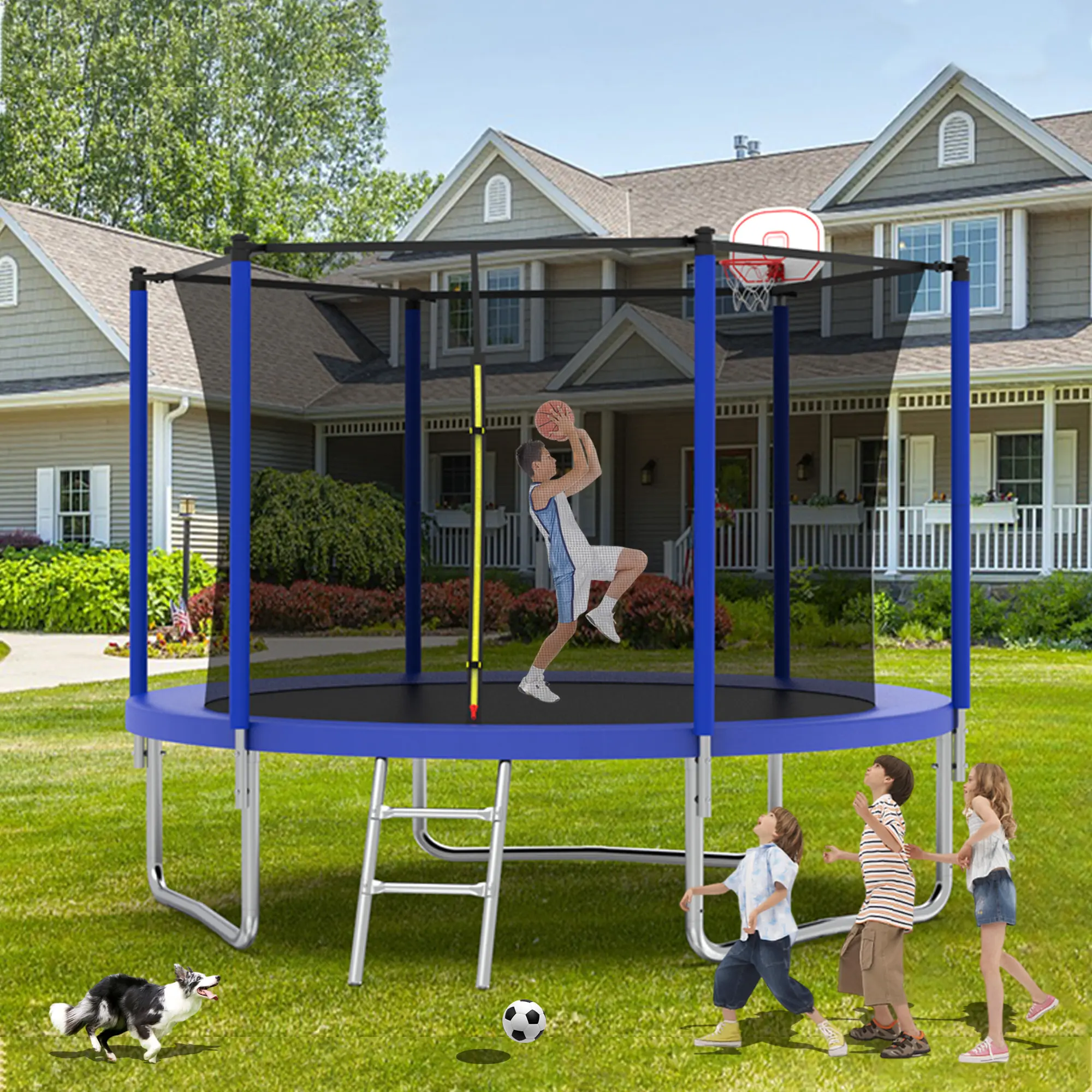 Fahuac 10FT Kids Net Enclosure Fitness Trampoline - ASTM Approved Galvanized Steel Frame, Safety Net, Basketball Hoop, Ladder, Fast Assembly, 240 LBS Capacity for Sports, Family Gatherings, Year-Round Backyard Use