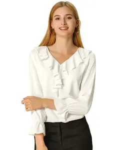 INSPIRE CHIC Ruffle Top Vintage V Neck Long Sleeve Peasant Chiffon Blouse
