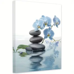 1 Piece Zen Frame Wall Art Featuring Spa Stones and Elegant Blue Orchids - Relaxing Canvas Print Suitable for Spa, Meditation Room, or Bedroom, Tranquil Artwork for Serene Home Decor
