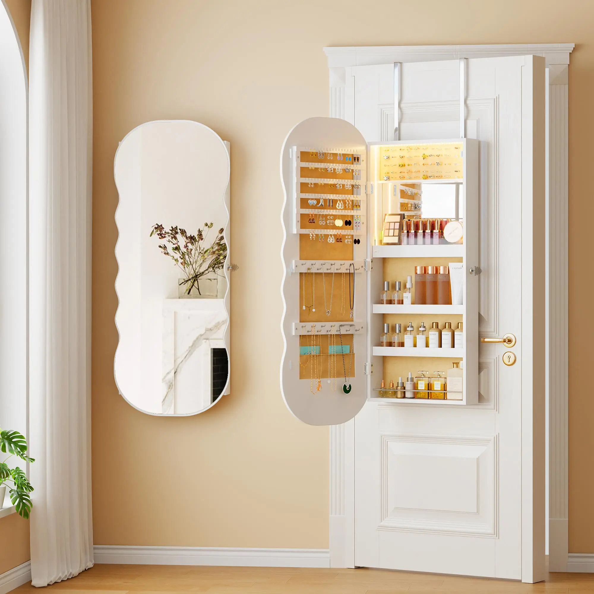 Miu Mirror Jewelry Cabinet, Wall Mount/Over the Door Jewelry Armoire Organizer, Wavy Mirror with Storage, Foldable Shelf, Lockable Jewelry Cabinet,  Interior Mirror