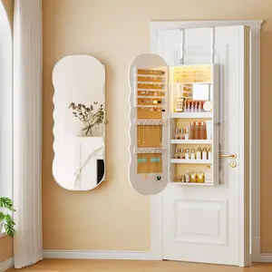 Miu Mirror Jewelry Cabinet, Wall Mount/Over the Door Jewelry Armoire Organizer, Wavy Mirror with Storage, Foldable Shelf, Lockable Jewelry Cabinet,  Interior Mirror