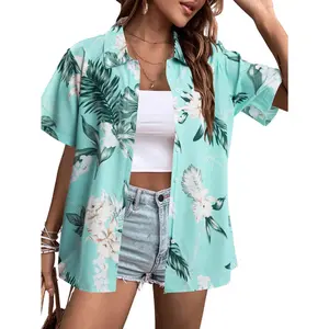 MNLYBABY Women Hawaiian Shirt Soft Cool Summer Hawaii Shirts Floral Tropic Print V Neck T-Shirt Short Sleeve Button Up Tops Loose Blouse