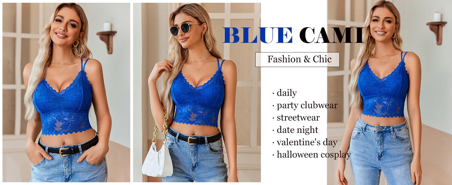 Avidlove Lace Bralette for Women V Neck Camisoles Racerback Adjustable Hot Strap Crop Tops in Blue Nylon Spandex Breathable Minimalist Basic SpringStatements