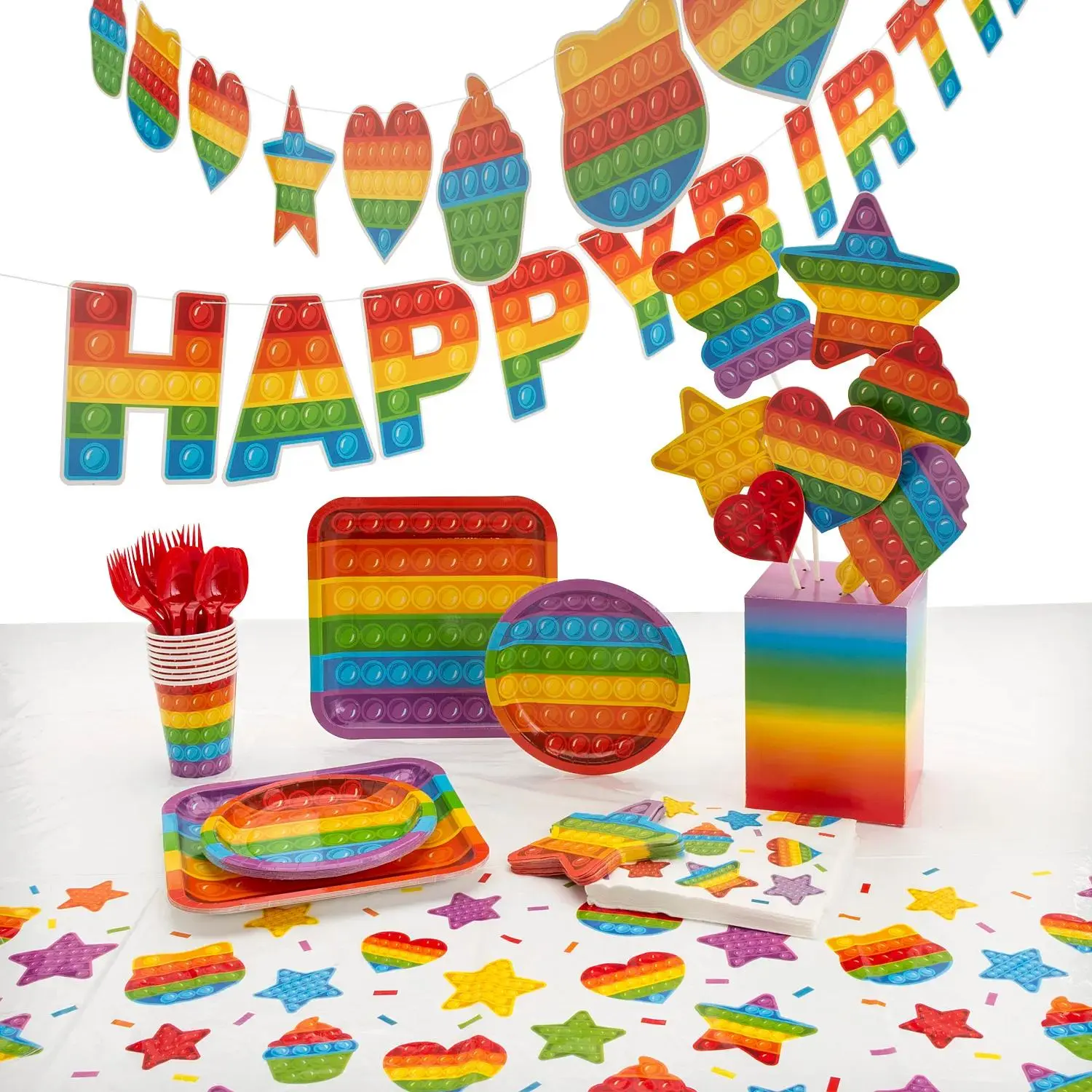 84 Pc. Lotsa Pops Pop Fidget Toy Party Deluxe Disposable Tableware Kit for 8 Guests
