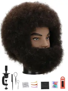 100% Human Hair Training Mannequin Head, Includes Stand Accessories, Fashion Model Head with Beard, Curly Afro Hairstyle, Ideal for Hair Cutting Practice
