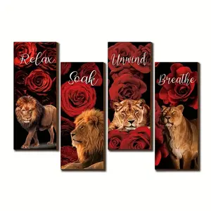 4pcs Unframed Wooden Wall Art Painting - Vibrant Red Roses & Lion Motif - Relaxation Decor for Living Room, Bathroom & Office - 4x10 Inches - Nature-Inspired Artwork Ideal for Valentine's Day