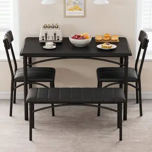 Dining Table Set For 4, Kitchen Table With Upholstered Chairs And Bench, 4-Person Dining Room Table Set, Rectangular Kitchen Table Set For Small Space, Apartment, Home, Studio