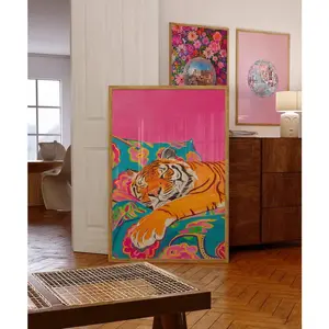 Printable Wall Art, Cute Tiger Vivid Maximalist Oil Painting, Dopamine Animal Pink Poster, Colorful Trendy Bedroom Print, Vibrant Preppy Art