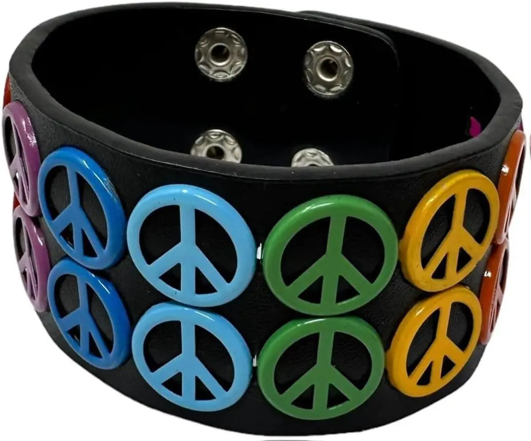 Unisex Adjustable PU Leather Peace Sign Bracelet - Rainbow Symbol Design, Eye-Catching Fashion Casual Jewelry, Versatile All-Match Cute Accessory