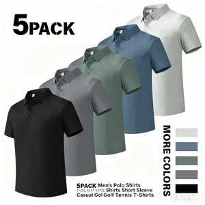 Men’s 5-Pack Plain Casual Multi-Size Polo Shirts, Dry-Fit Moisture-Wicking Fabric, Stylish Ribbed Sleeves