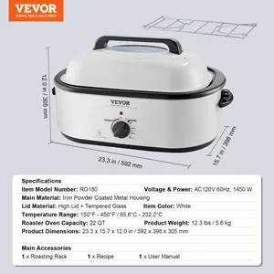 VEVOR Electric Roaster Oven, 22 QT Turkey Roaster Oven with Self-Basting Lid, 1450W Roaster Oven with Defrost Warm Function, Adjustable Temp, Removable Pan Rack, Fits Turkeys Up to 26LBS, White