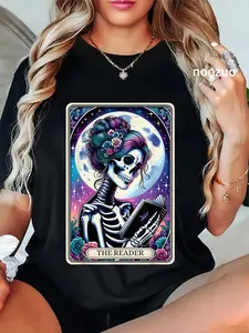 100% Cotton The Reader Tarot Card Reading Skeleton Skull Book Lover T-Shirt