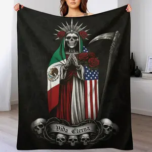 American Mexican Flag Skeleton Soft Funny Throw Blanket Print Fleece Blanket Cozy Blankets Comfortable Warm Fluffy For Home Office School Travel