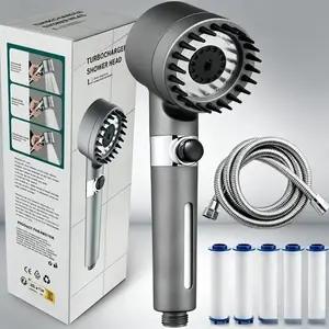 High Pressure Handheld Shower with 3 Speed Massage One Touch Water Stop Stainless Steel Panel Universal Interface Detachable Design Hose Holder and Filter Element head softener filter bead chlorine remove