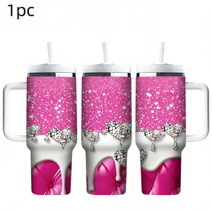 40oz Insulated Tumbler with Handle | Pink Glitter Diamond Heart & Dripping Luxury Design | Stainless Steel Vacuum Travel Mug | Keep Drinks Hot & Cold | Perfect Valentine's Day Gift for Her, Women & Girls