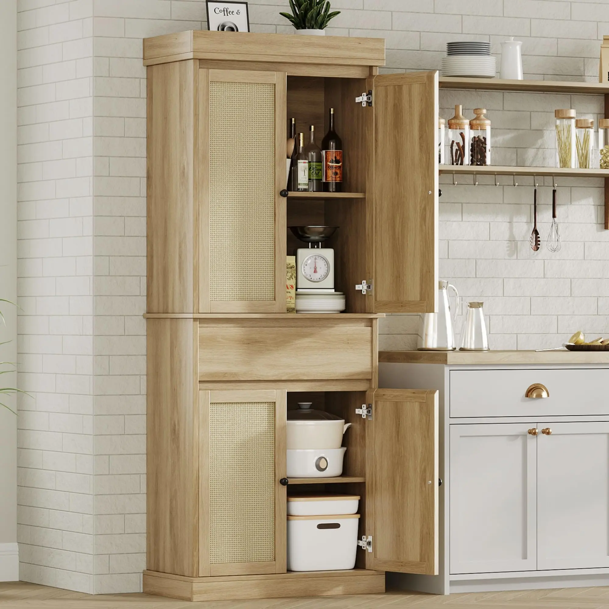 【GARVEE】Kitchen Pantry Cabinet: Tall freestanding storage cupboard with adjustable shelves, rattan doors, and drawer. Available in Natural Oak and Black finishes. Perfect for organizing kitchen, bathroom, dining, or living room.