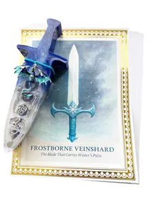 Frostborne Veinshard Dice Sword and Book – Handcrafted Resin RPG Prop with Backstory Book