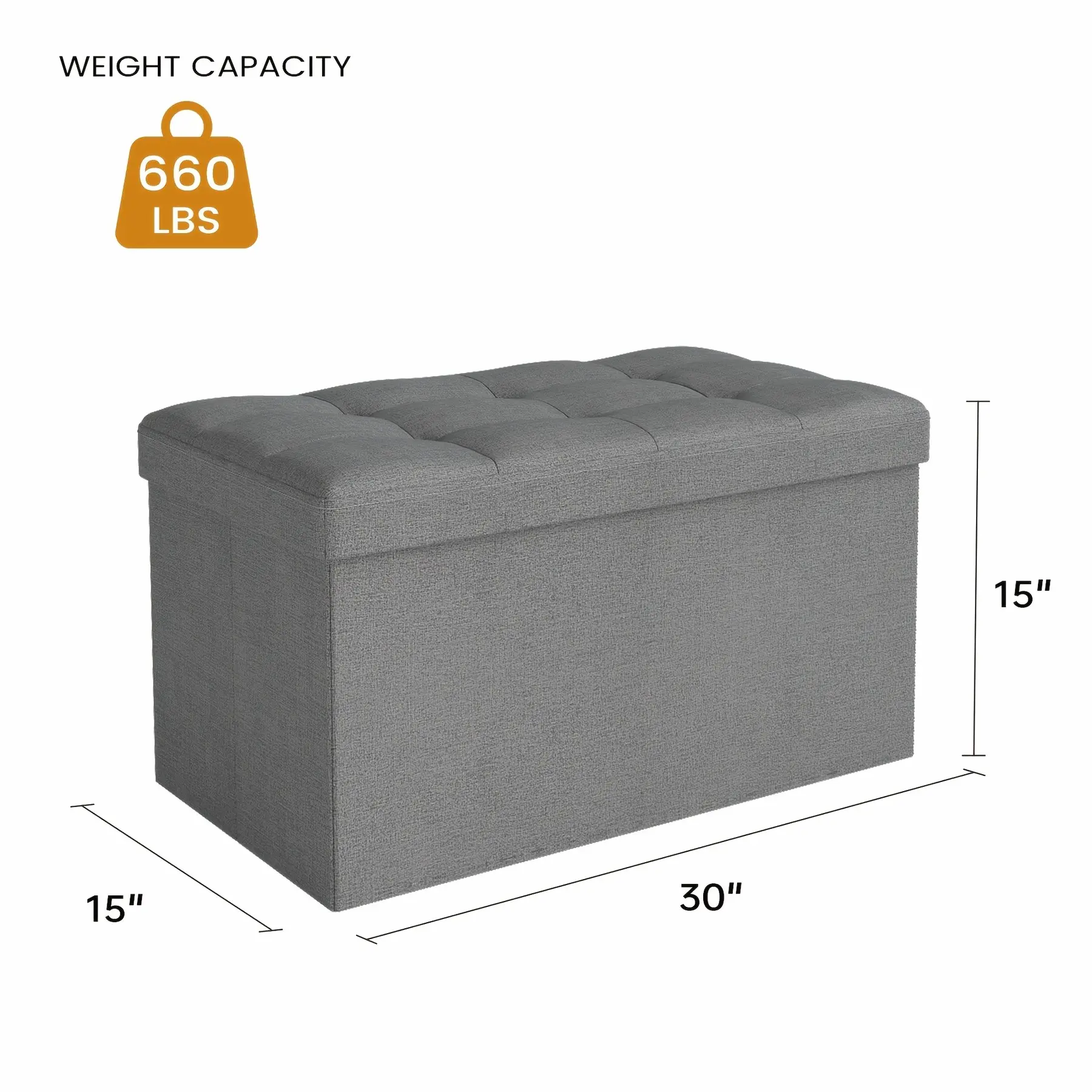 Leather Or Linen Ottoman Storage Bench, 3 Sizes 30', 31.5" And 43.5" Wide, Comfy Padded Seat, 500 Pound Capacity, Available In Black, Light Grey, And Dark Grey