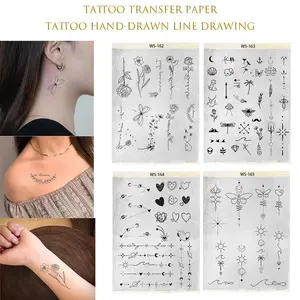 Pre-drawn tattoo transfer paper — patterns include hearts, flowers, butterflies, and single-needle line tattoo stencils, A4 size, easy-to-use temporary tattoo supplies, perfect for DIY tattoos