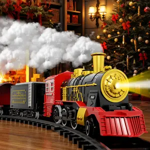 Classic Electric Train Gift Set for 3-8 Year Olds - Battery-Powered Locomotive with Lights, Realistic Sounds, Gentle Smoke, 6 Detachable Cargo Cars, Multi-Section Assembled Track, Wheel Powered Trains & Railway Early Learning Toy