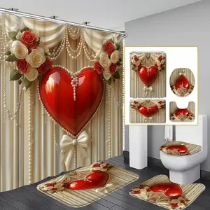 1/4pc Romantic Heart and Rose Pattern Bathroom Curtain Set, including shower curtain, toilet U-shaped mat, bathroom mat, and toilet seat cover. Perfect for bathroom decoration, partitioning, and beautifying the space, Waterproof Shower Curtain