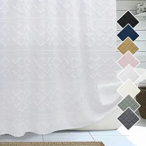 White Fabric Shower Curtain 72x72 Inches, Boho Tufted Plaid Striped Shower Curtain Set for Bathroom, Chic Textured Cloth Shower Curtain
