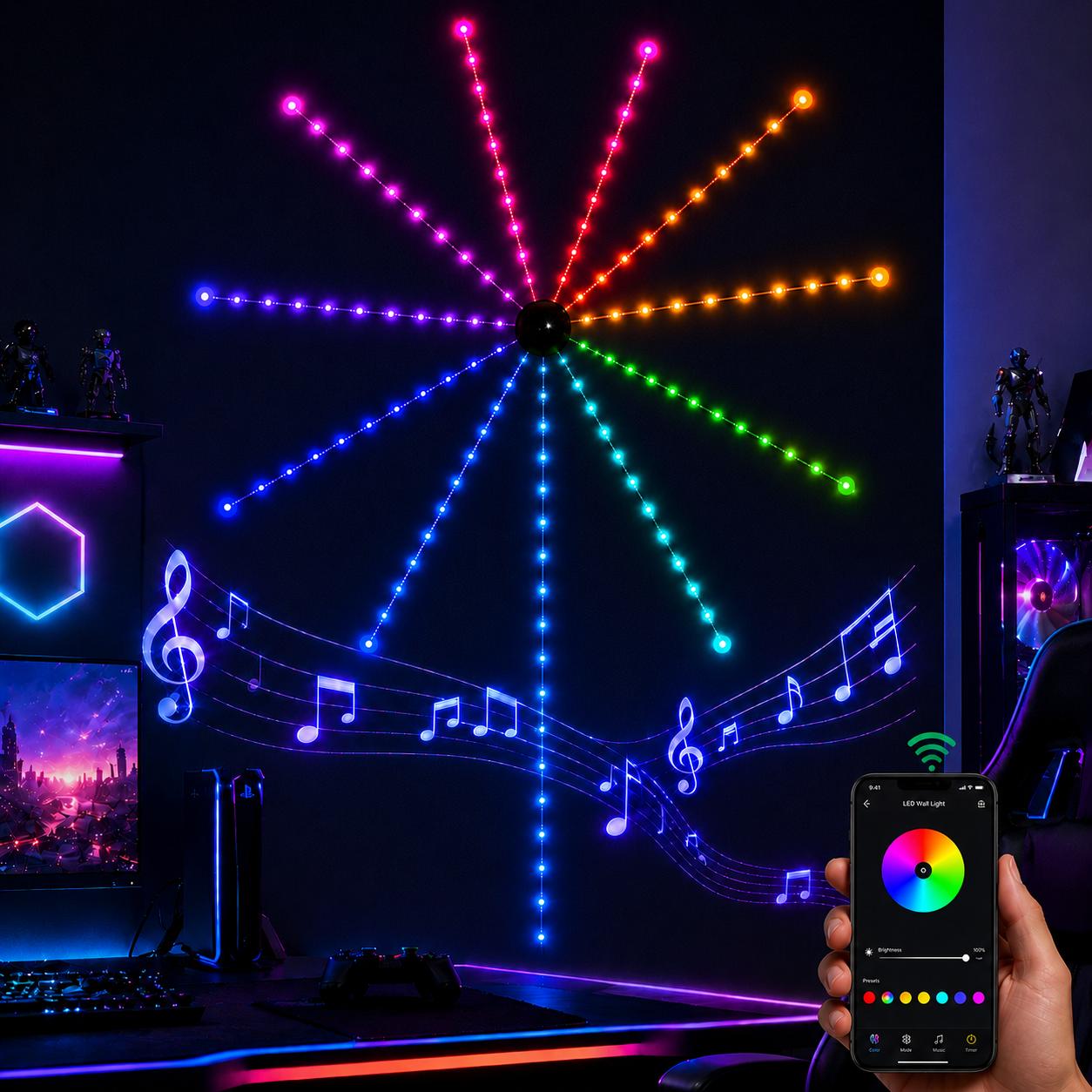 RGB LED Strip Lights - USB Powered, Led Multicolor, Sound Activated (Music Sync), App Controlled, Flexible Adhesive, DIY Shapeable, Adjustable Indoor Use Mood Lighting for Gaming Room, Bedroom