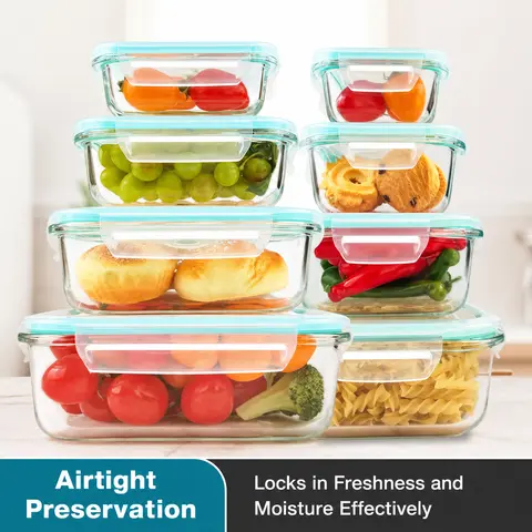 YUNCANG Premium Glass Food Storage Containers - Stackable Square & Green Rectangle Airtight Jars, Leak Proof Container, Oven-Safe 752°F Lidded Glass Jars, Freezer/Microwave-Safe Durable Kitchen Tools, Food Storage Solutions