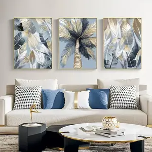 3pcs Golden Tropical Tree Palm Leaf Oil Painting Wall Art Canvas Print Hawaii Party Living Room Home Decoration Picture Frameless Poster