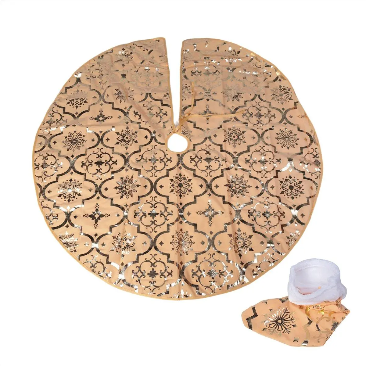 48-in (120cm) Patterned Gold Snowflake Christmas Tree Skirt - 100% Polyester Handmade Classic, Soft Mat Collar, Farmhouse Decorative Holiday Household Accessory for Festive Socks Coordination, Round