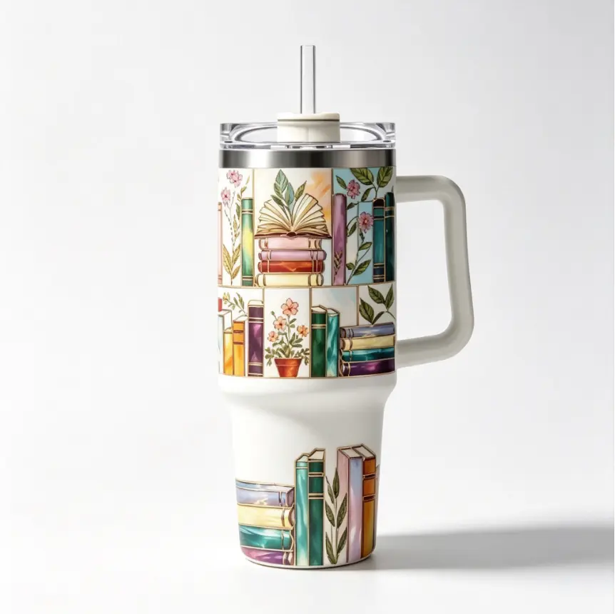 1pc 40oz White Stainless Steel Printed Stained Glass Book Flask - Vintage Floral Plants Design, Double Wall Vacuum Insulation, Handle, Straw, Lid, Daily Use Travel Mug for Book Lovers, Car Office Literary Gift, Flasks, Portable