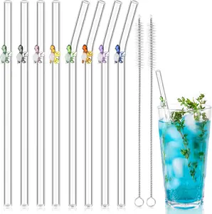 8 count  Glass Straws Shatter Resistant Straws with Design Colorful Cute 8'' Bend Drinking Glass Suction Tubes for  Coffee Juice Beverage with 2 Cleaning Brushes (Turtle)