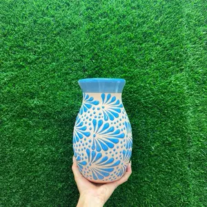 Vase Relieve Boliche color Azul Turquesa Ovalado Sets 9.5In.
