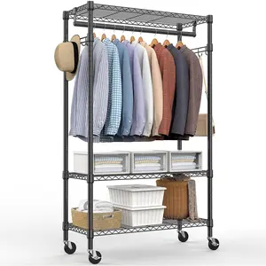 Duty Rolling Garment Rack 3 Tiers Adjustable Wire Shelving Clothes Rack with Rods and Side Hooks,Storage Closet Clothing Rack with Wheels Black 15.7" D x 29.5" W x 74.5" H