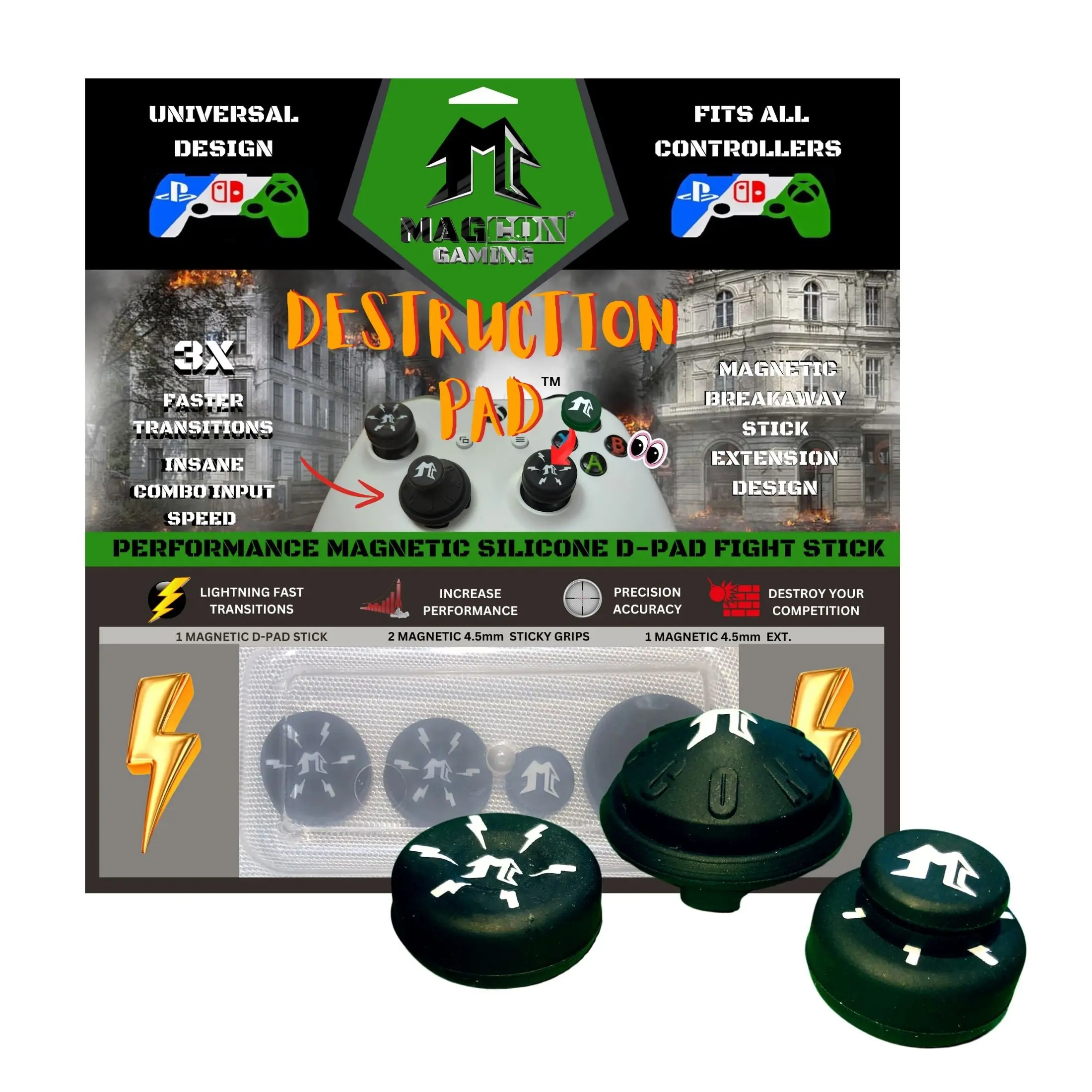 MagCon Gaming X4 Destruction Pad Kit with Center Connect Extension, Universal Thumbstick Grips & Performance Thumbstick Covers for Enhanced Fighting Game Experience
