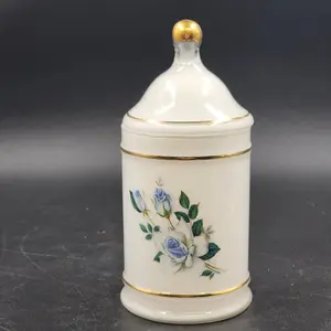 Apothecary Jar Blue Tea Rose in White Frosted Milk Glass with Gold Trim 9" x 4"d