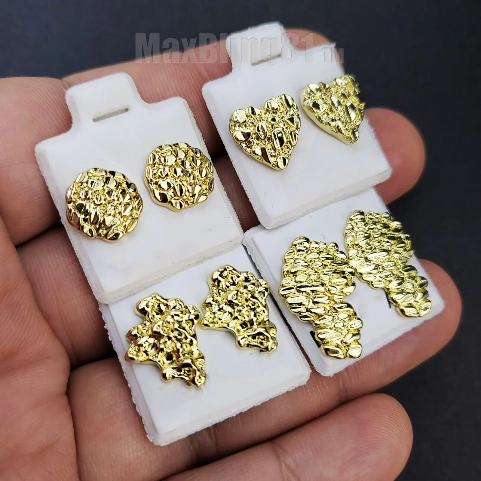 MaxBling81 4PCS Gold-Plated Metal Coating Heart Shaped Nugget Stud Earrings - Unisex Surgical Steel Post Costume Jewelry, Ideal Gifts for Birthday & Anniversary, Women’s & Men’s Earrings, Heart Shaped Earrings