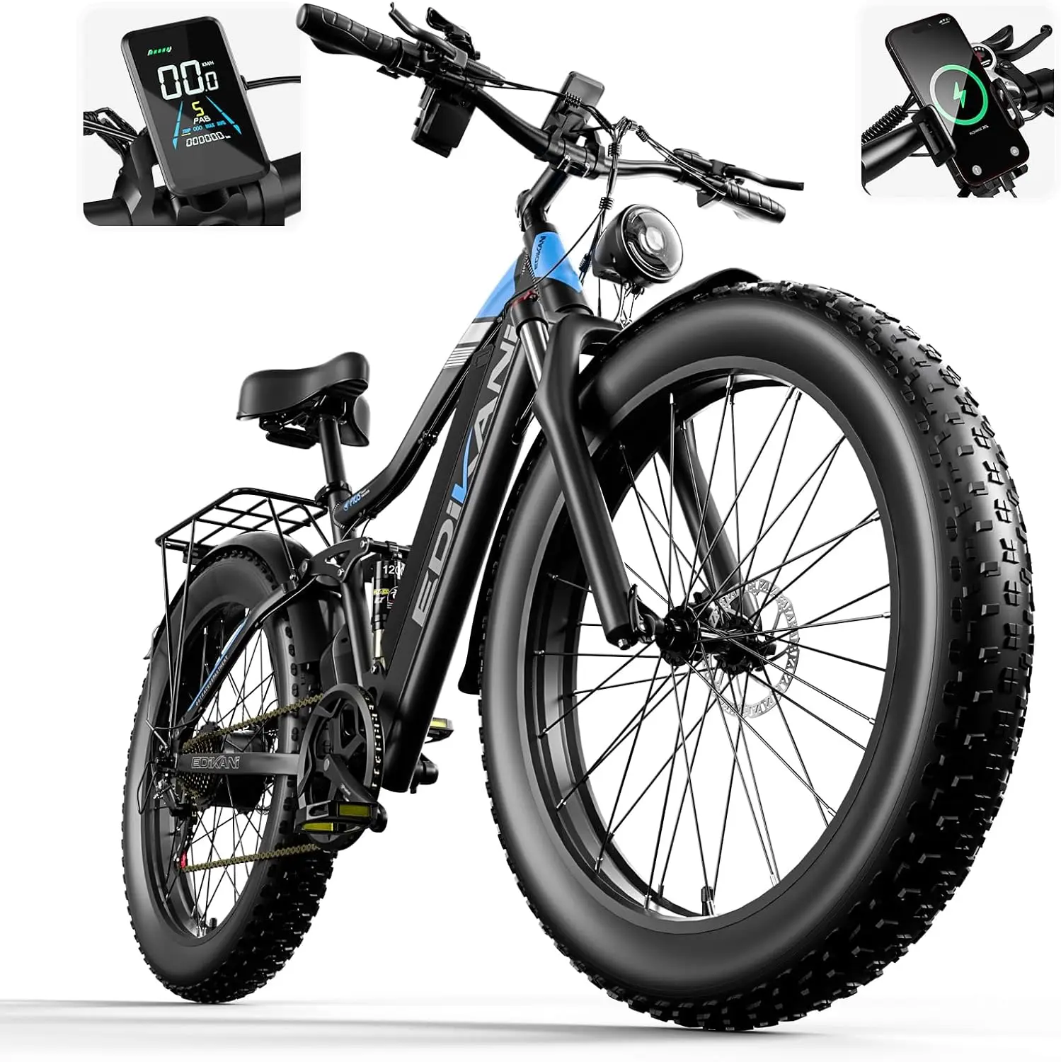 Peak 2000W Electric Bike, 48V 19.2Ah Built-in Lithium-Ion Battery, Full Suspension, Fat Tires, LCD Display, 5 Modes, 7 Speed, USB Ports for E-Biking & Mountain Riding, Aluminum Frame