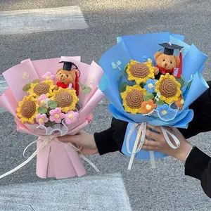 Graduation Bear Bouquet, 3 Counts Cute Graduation Bear Bouquet, Handmade Knitted Floral Gift, Birthday Gift for Friend, Home Decor Ornament