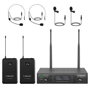 Phenyx Pro PTU-71-2B Dual UHF Wireless Microphone System – 2 Bodypack Transmitters w/ Headset & Lavalier Mics, Auto Scan, 2x100 Adjustable Frequencies, 328ft Range, for Speaking, Church, DJ, Presentation