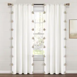 Lush Decor Boho Faux Linen Texture Tassel Window Curtain Panel Single 84x52 Inches Room Decor Blinds Shutter Blinds with 5 Tassel Colors