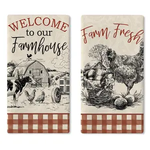 Welcome to Our Farmhouse Kitchen Dish Towels Set of 2, Vintage Farm Fresh Animal Cow Chicken Egg Barn Drying Hand Towel Baking Cooking Cloth, Rustic Country Plaid Bathroom Home Decor18'' x 26''