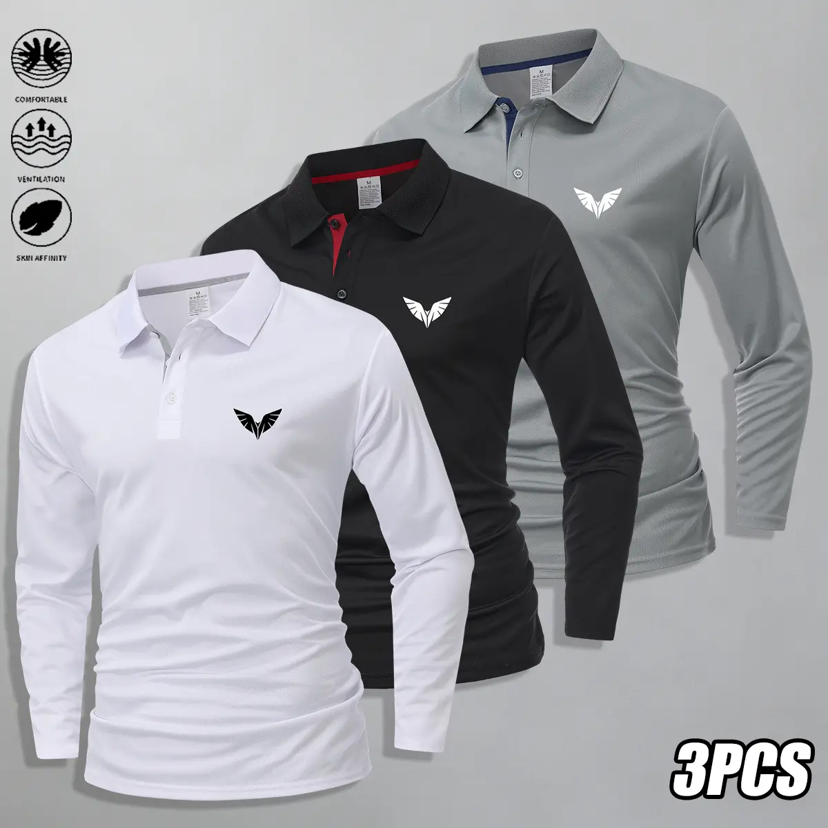 3-pack men’s long-sleeve polo shirts, solid color with chest print—suitable for golf, badminton, tennis, bowling, and everyday wear; men’s apparel, a gift for him, back-to-school shopping