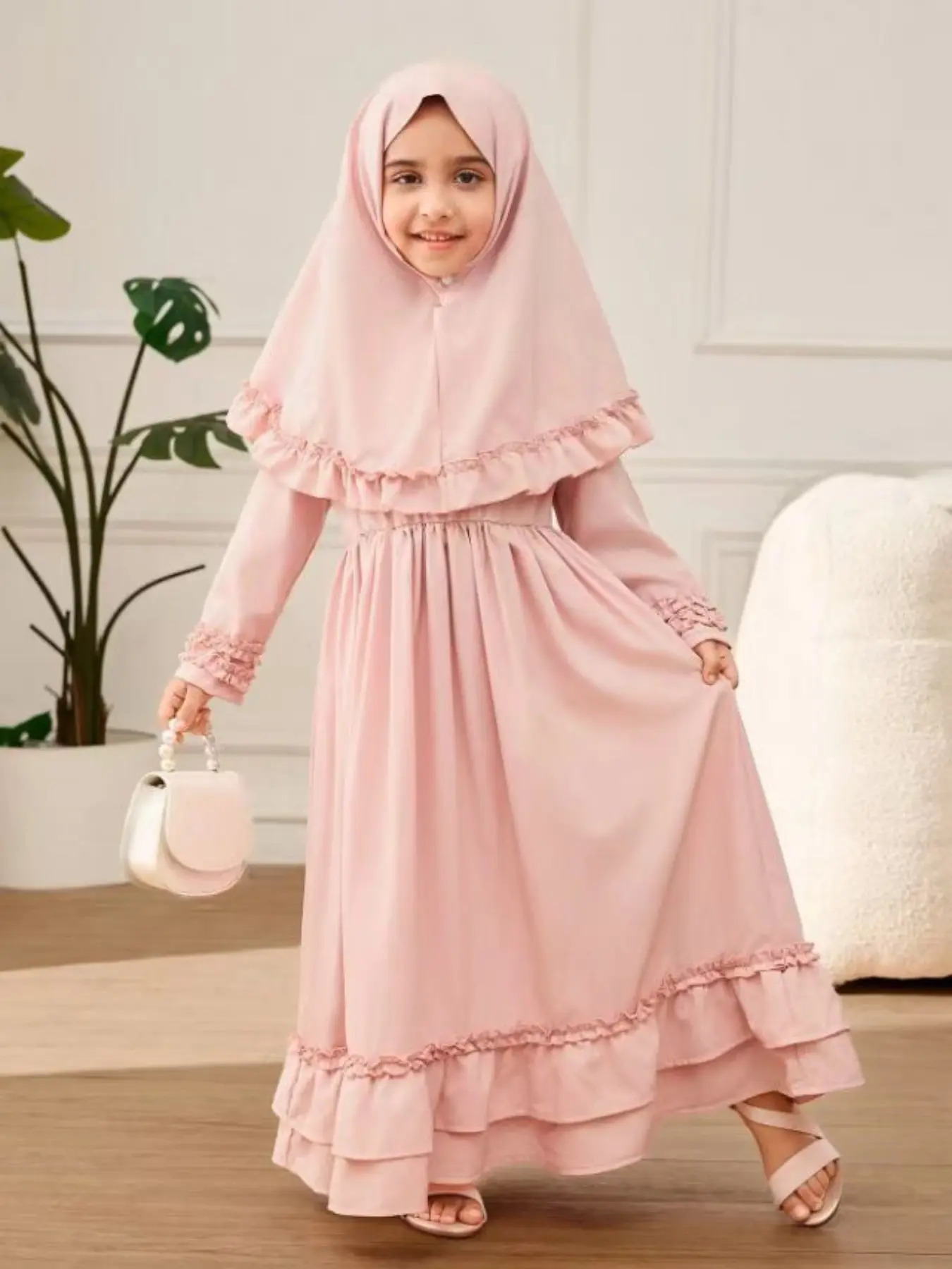 Girls' Long Sleeve Jilbab Dress Set, Spring & Fall European Style, Ruffled Hem Design, Two-Piece, Kids Fashion Clothing