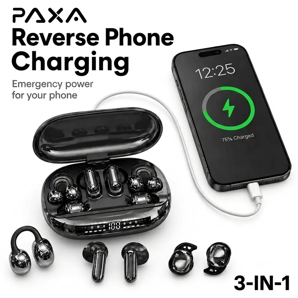 PAXA GT699S 3-in-1 Wireless Earbuds with Power Bank Charging Case, Includes In-Ear, Clip-On & Sleep Earbuds, Reverse Phone Charging, Bluetooth 6.0, Long Battery Life, Stereo Sound, Earphones for Sports, Sleep & Daily Use, Compatible with Android & iOS